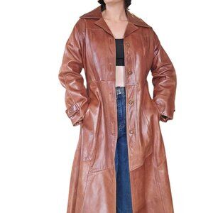 1970s Vintage Skin Gear Cognac Leather Trench Coat Womens L Moto Rustic Bohemian